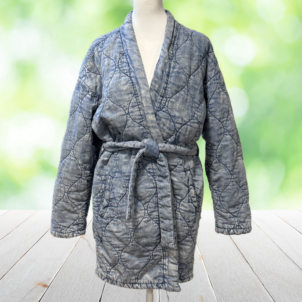 BLANKNYC Quilted Cloud Coat Belted Jacket Washed Chambray Blue Kimono Size S